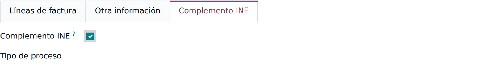 Casilla Complemento INE activada; aparece Tipo de proceso