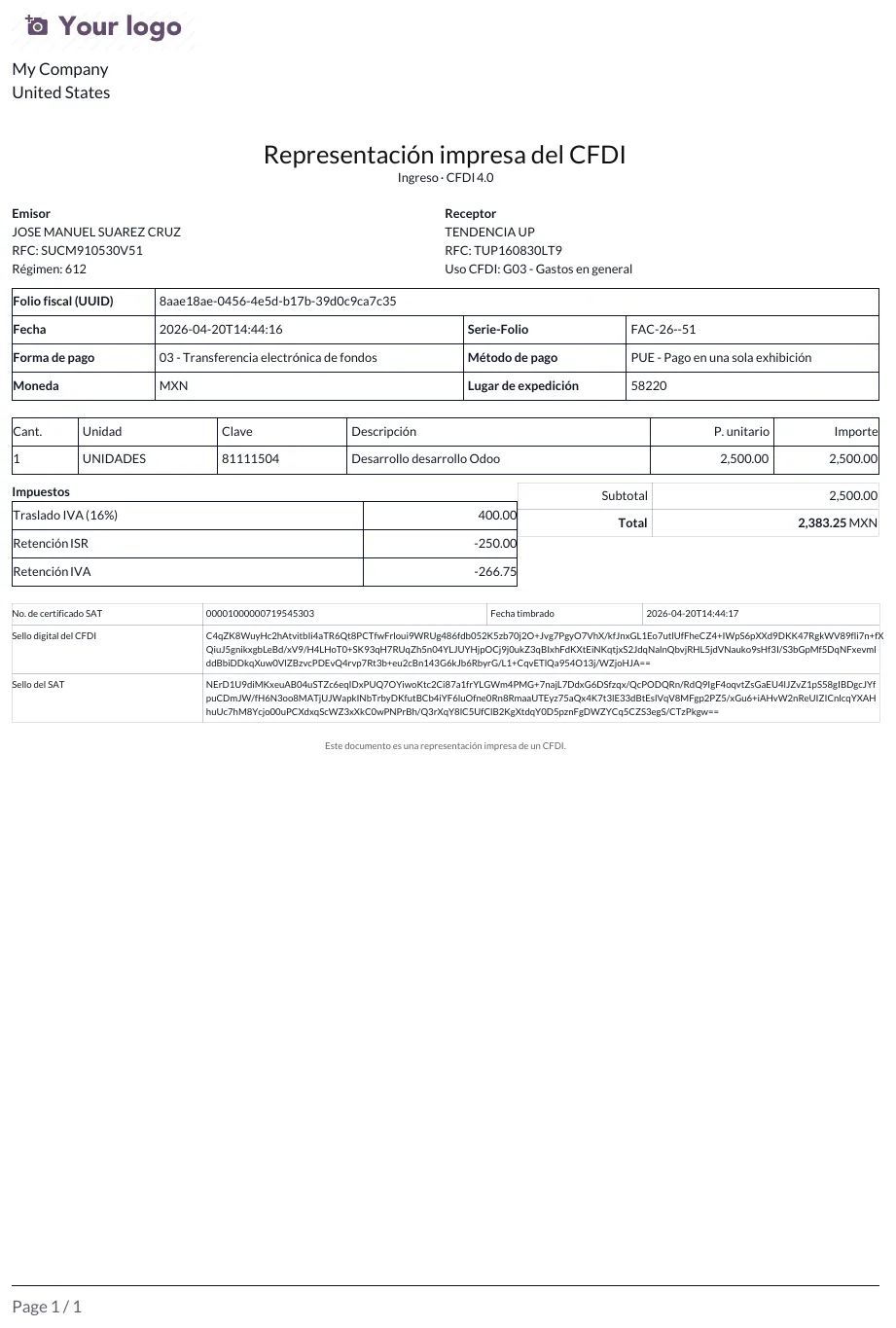 Representación impresa del CFDI en PDF