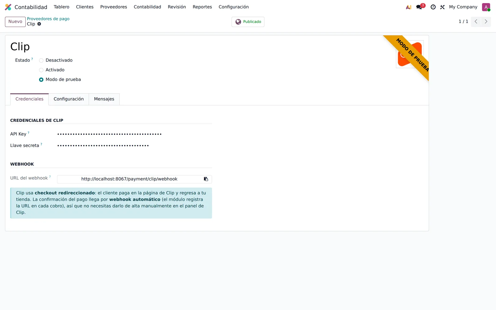 Odoo: formulario del proveedor de pago Clip con la Clave API, la Llave secreta y la URL del webhook