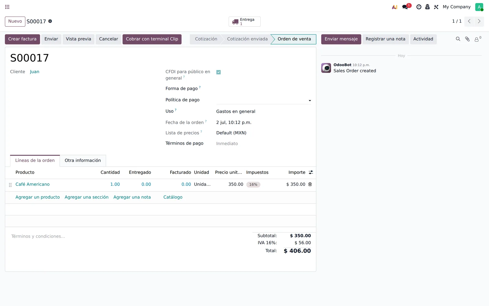 Orden de venta en Odoo con el botón Cobrar con terminal Clip