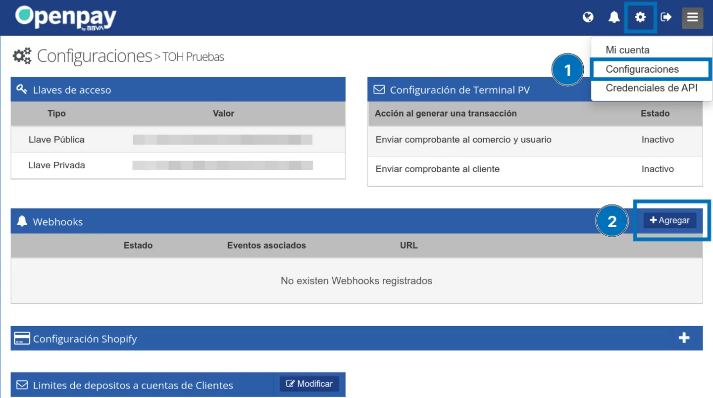 Panel de Openpay: llaves de acceso de la API y sección de webhooks