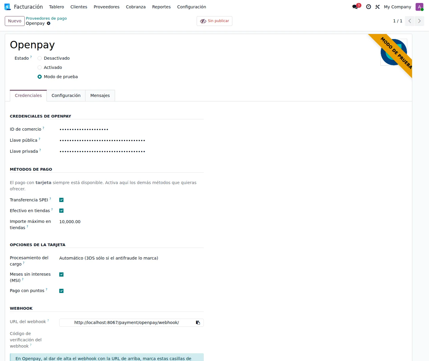 Ficha del proveedor Openpay en Odoo: credenciales, casillas para activar SPEI y efectivo en tiendas con su importe máximo, opciones de la tarjeta y URL del webhook