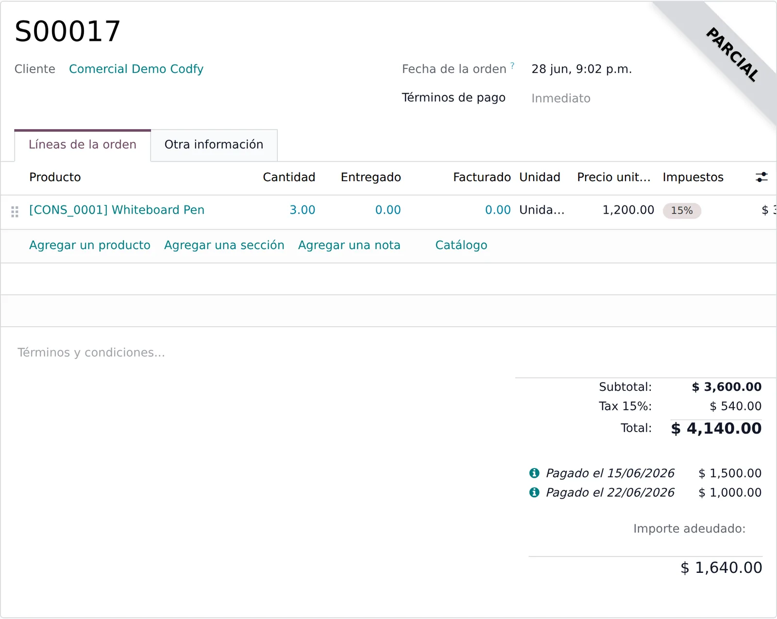 Estado de pago y lista de pagos en la orden de venta