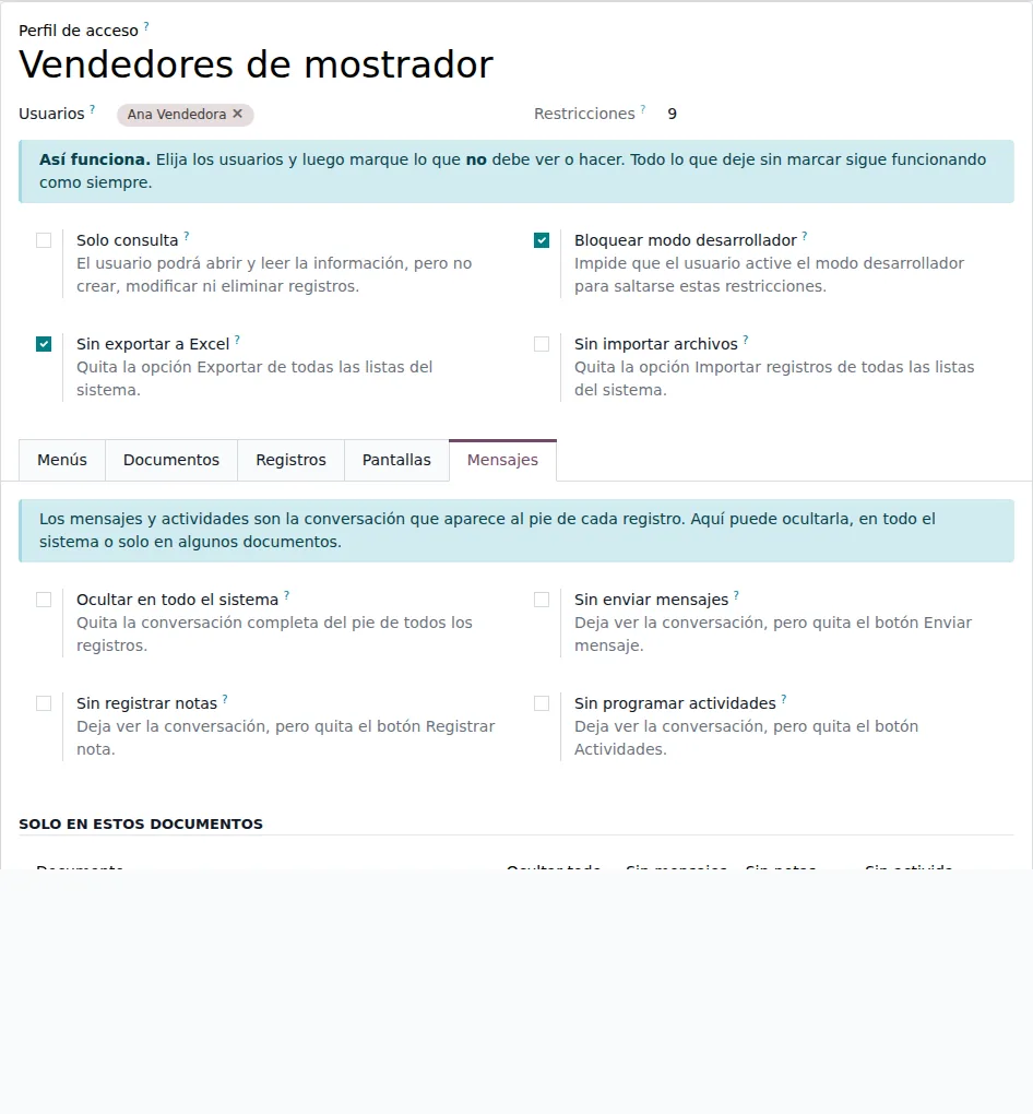 Pestaña Mensajes con las opciones de la conversación