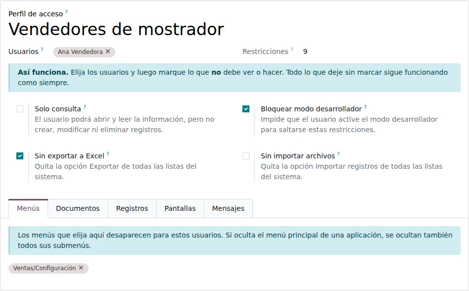 Formulario del perfil con los usuarios y los interruptores generales
