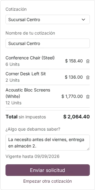 Panel de la cotización con líneas, total, nota y botón de enviar
