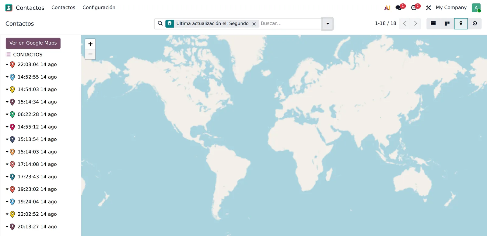 Vista de mapa con los contactos agrupados por segundo