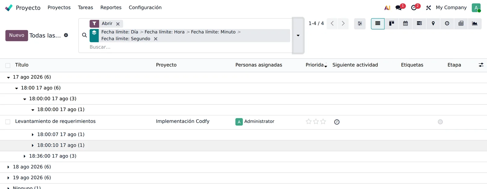 Lista agrupada por día, hora, minuto y segundo, con la cadena desplegada