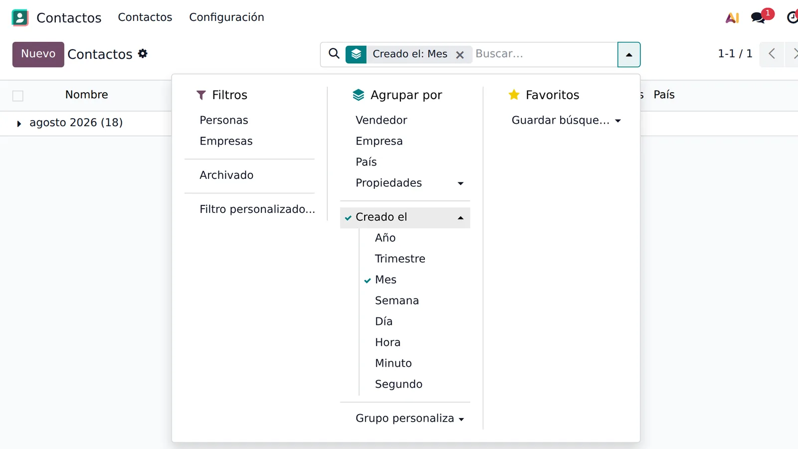 Menu Agrupar por con los intervalos Ano, Trimestre, Mes, Semana, Día, Hora, Minuto y Segundo