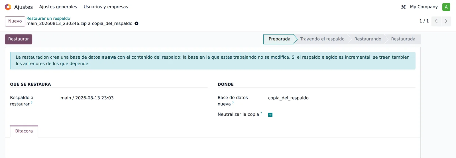 Restauración preparada, lista para lanzarse