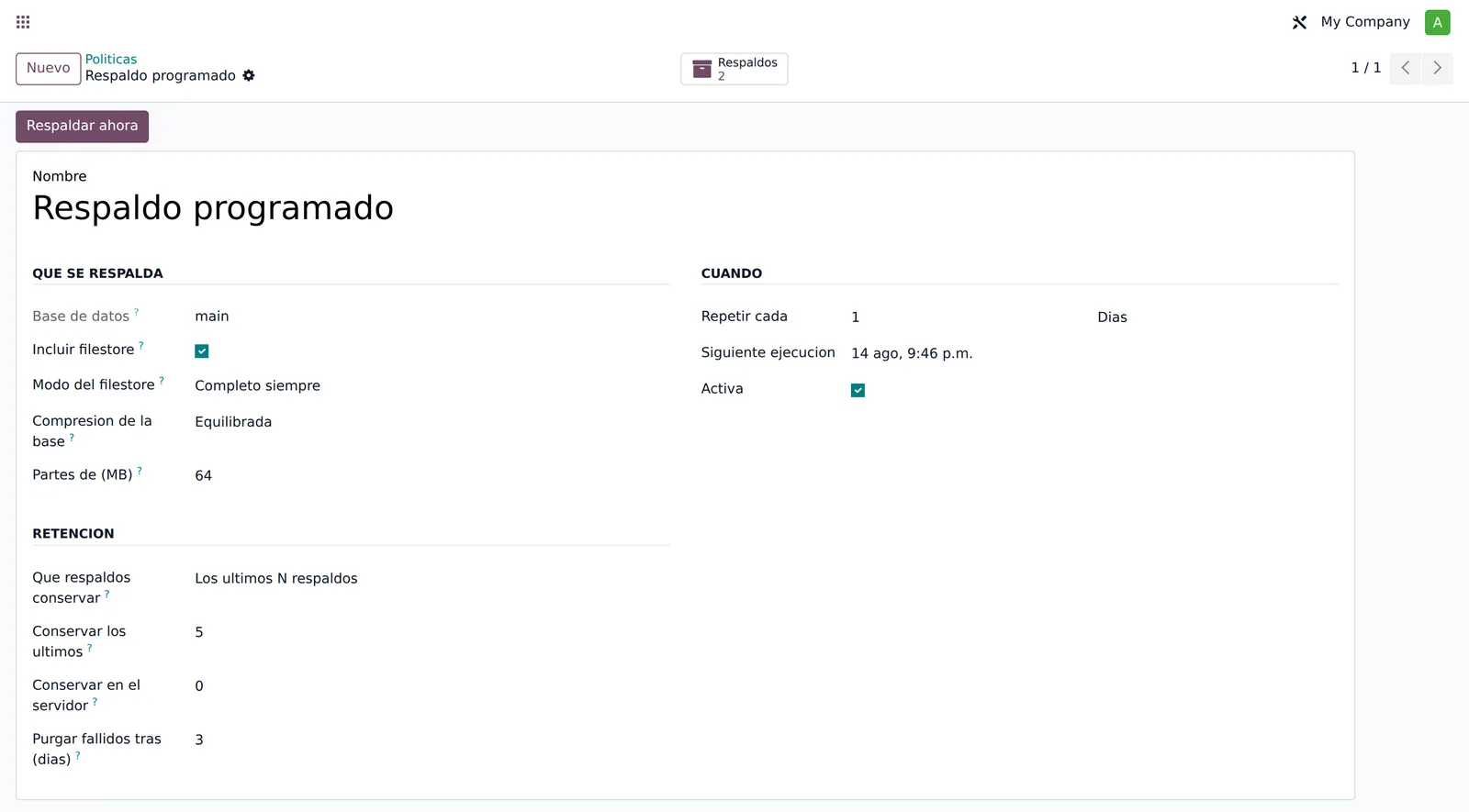 Programación del respaldo con su retención