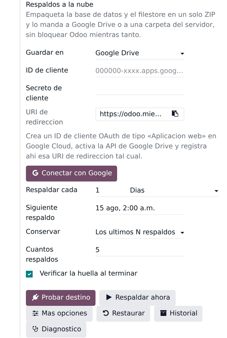 Campos del ID de cliente, el secreto y la URI de redirección antes de conectar