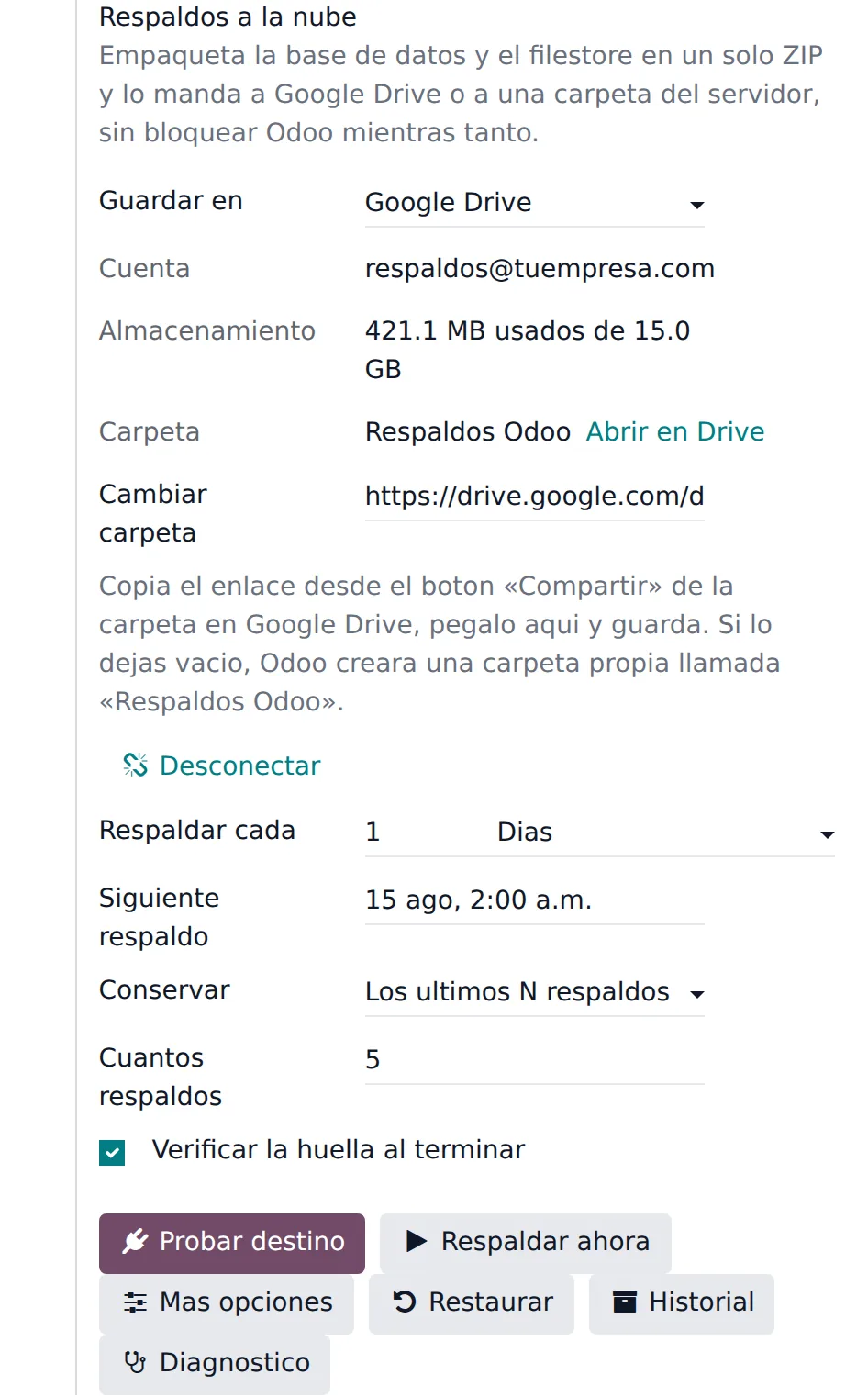 Configuración con Google Drive ya conectado