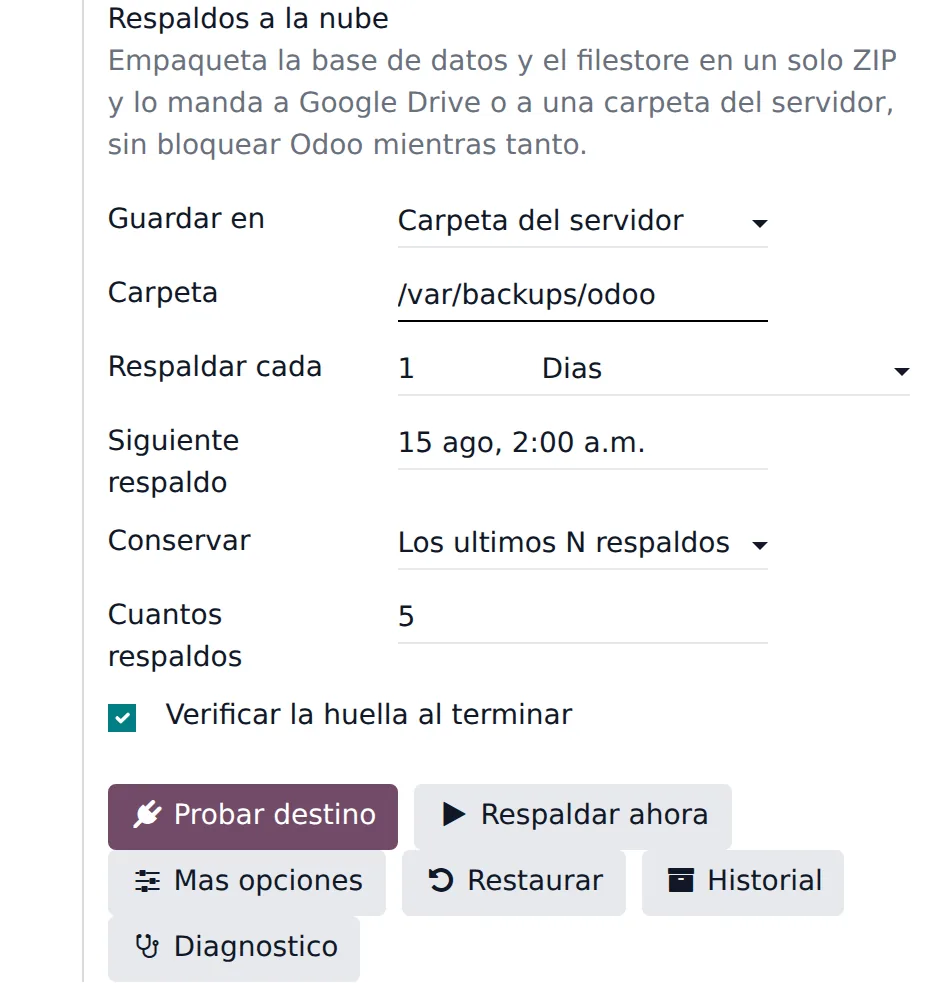 Configuración con la carpeta del servidor como destino