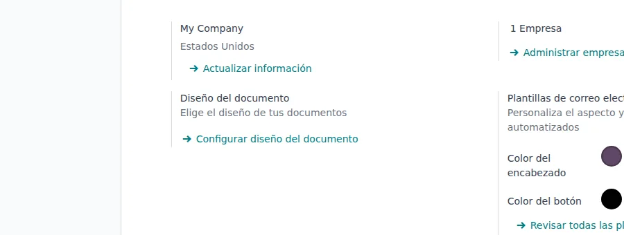 Botón Configurar diseño del documento en los ajustes generales de Odoo