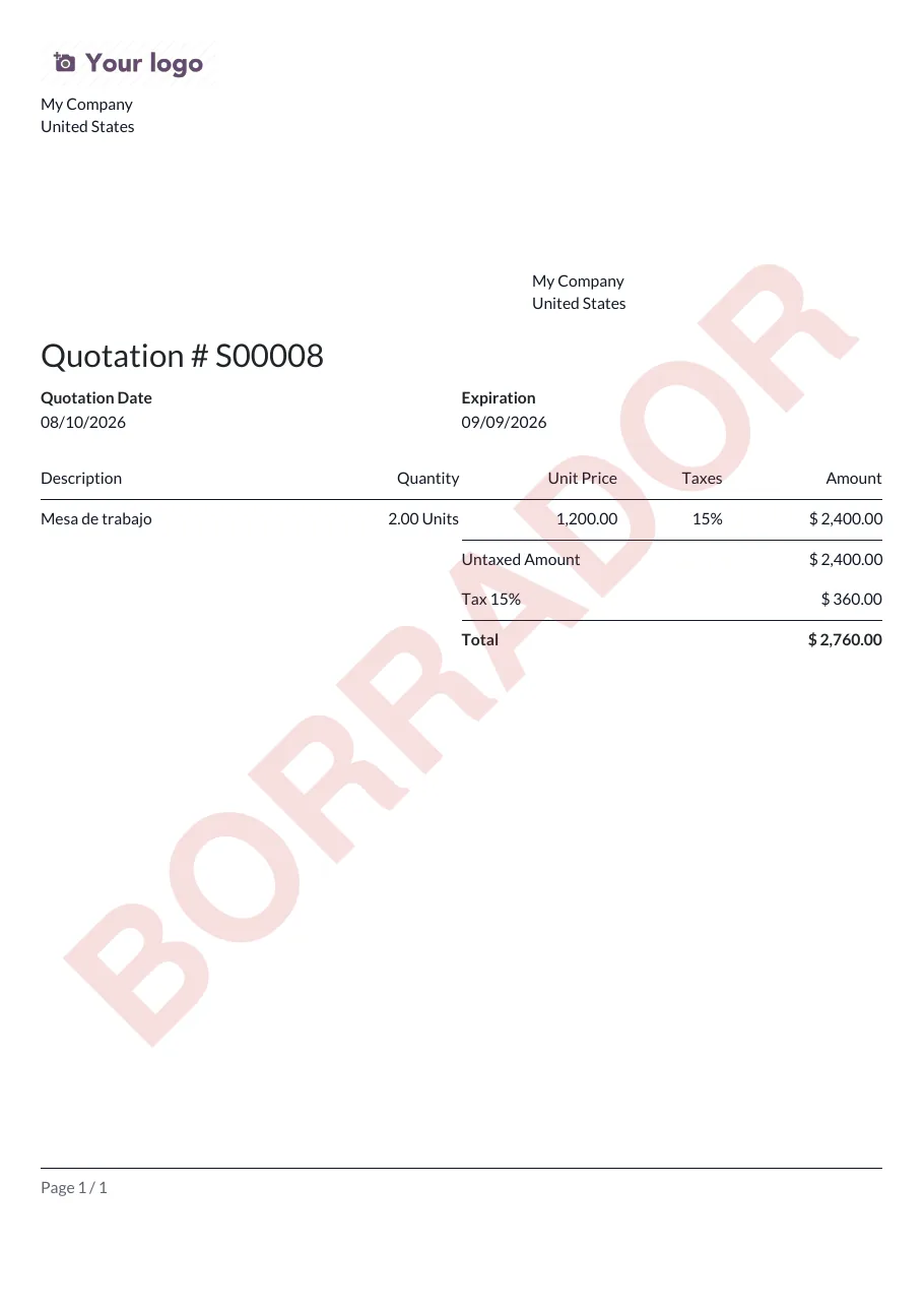Presupuesto de Odoo en PDF con la marca BORRADOR en diagonal sobre todo el contenido