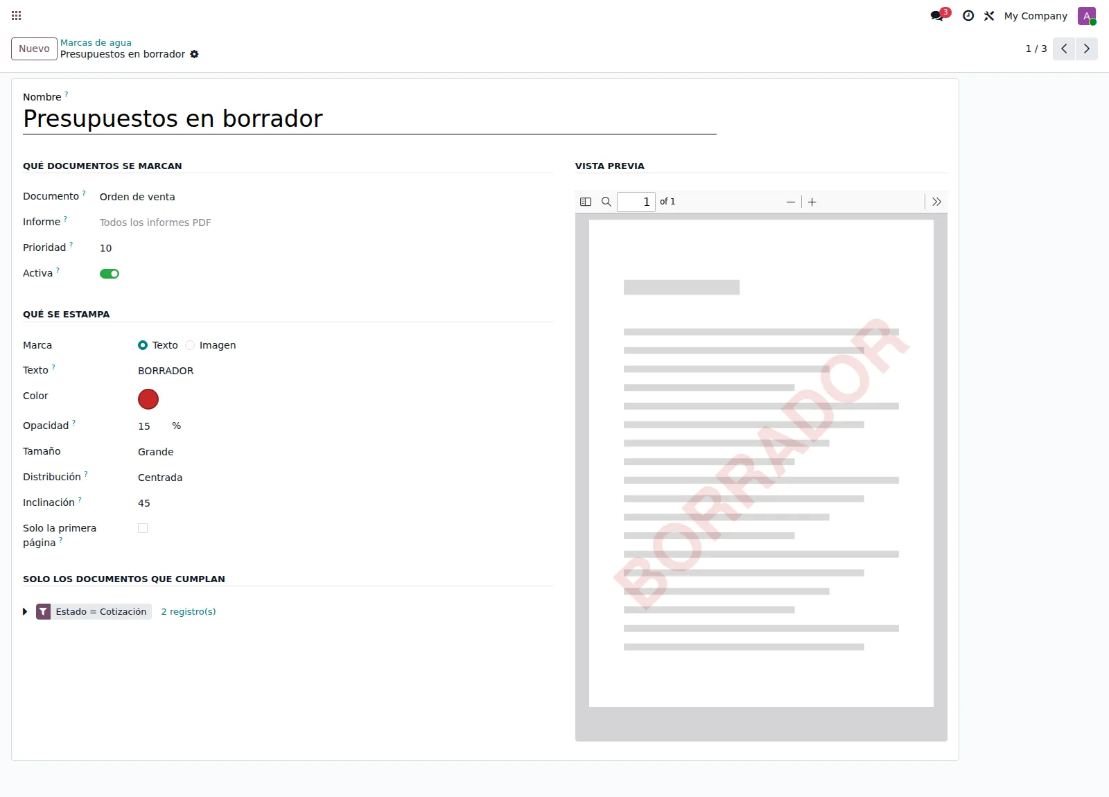 Formulario de una regla de marca de agua con el documento, el texto BORRADOR y los ajustes de color, opacidad e inclinación
