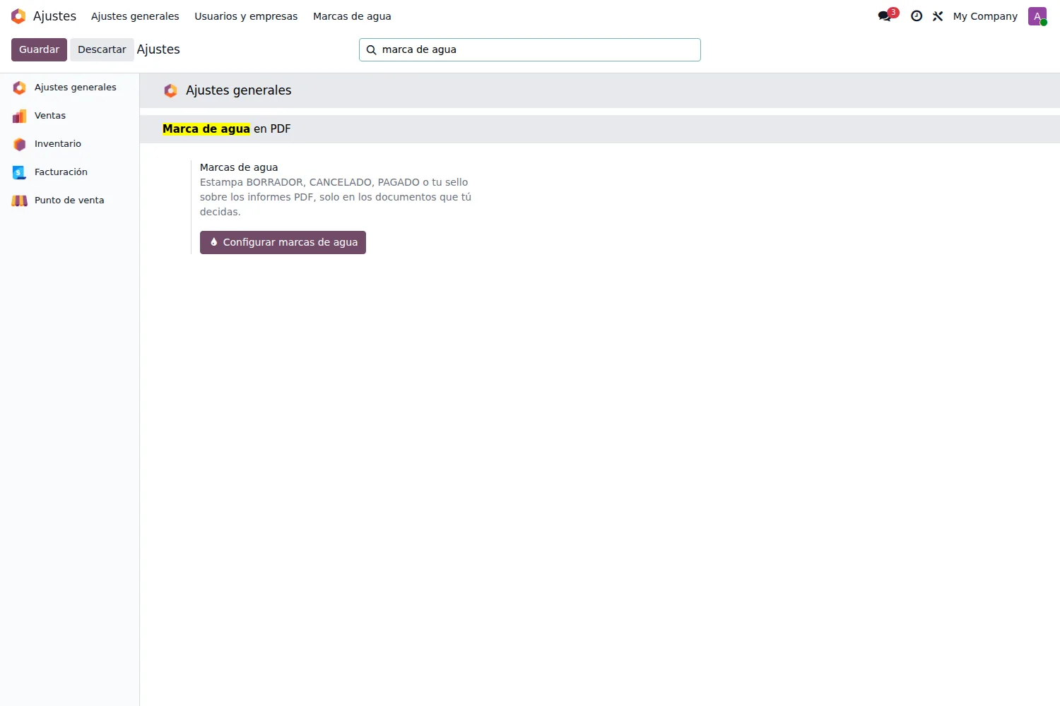 Menú Marcas de agua en Ajustes y su bloque en los ajustes generales de Odoo