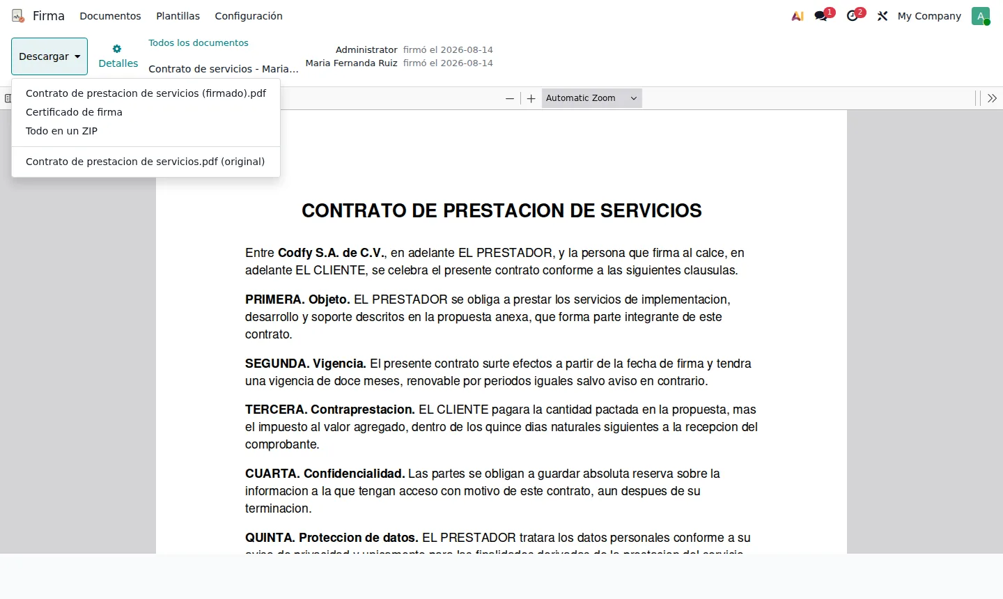 Documento ya firmado dentro de Odoo mostrando quien firmo y el menu para descargar el PDF firmado, el certificado o todo en un ZIP
