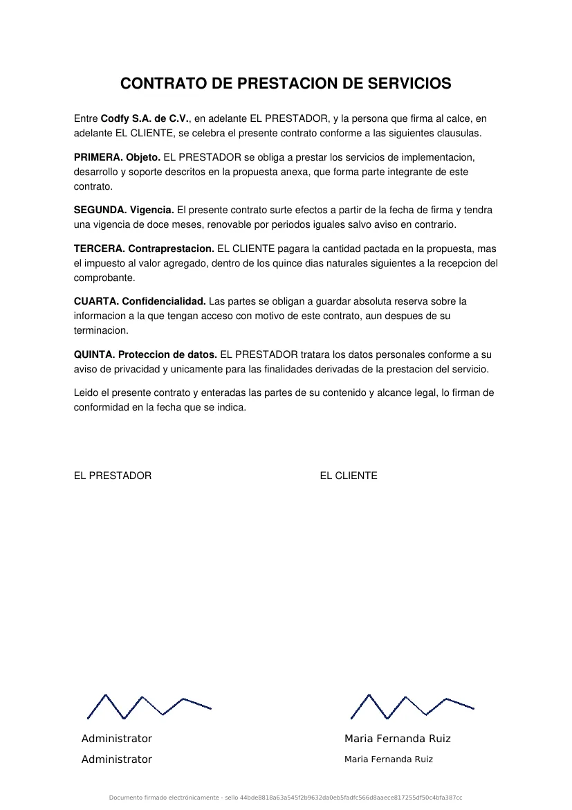 PDF firmado con la firma dibujada, el nombre y la fecha estampados en el bloque de firmas