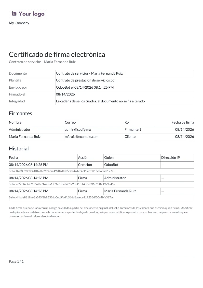 Certificado de firma electronica en PDF con los datos del documento, los firmantes y el historial con los sellos