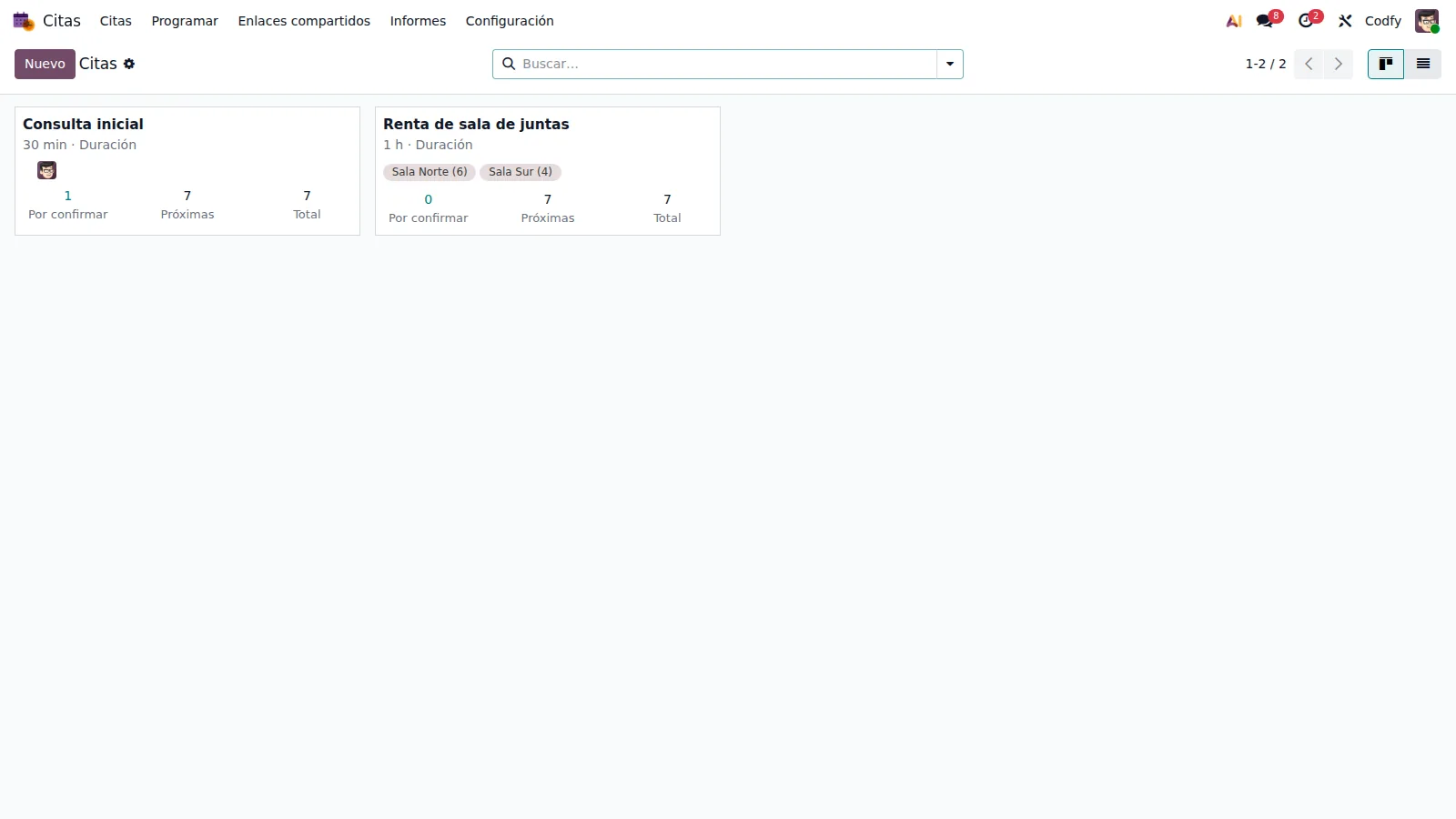 Vista de los tipos de cita en el backend