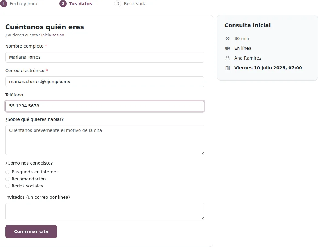 Formulario de datos del cliente con las preguntas del tipo de cita