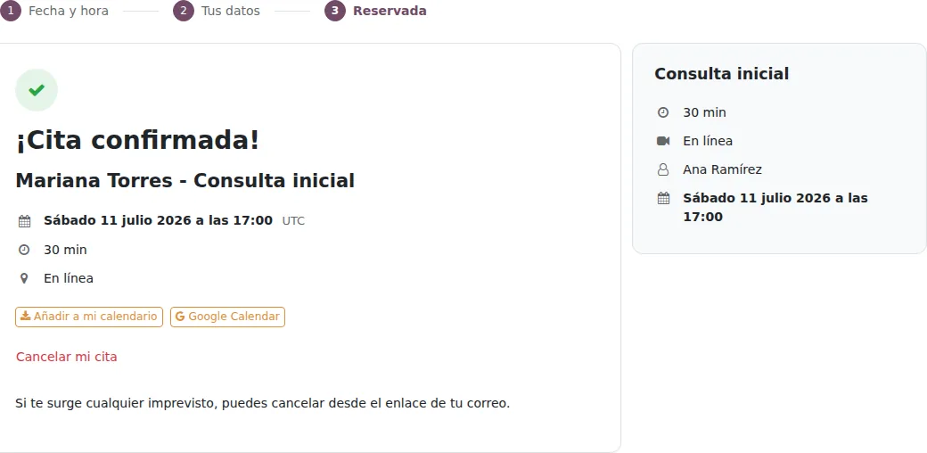 Pantalla de cita confirmada con opciones de calendario y cancelacion