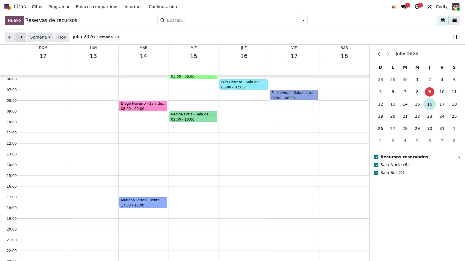 Calendario de reservas de recursos con el filtro por sala