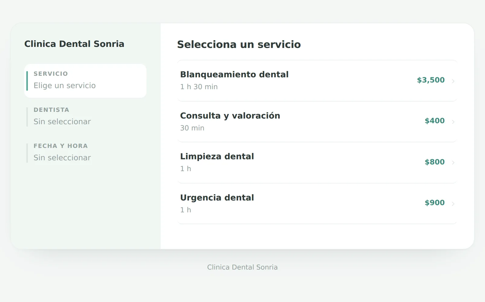Página de reservas: elegir servicio