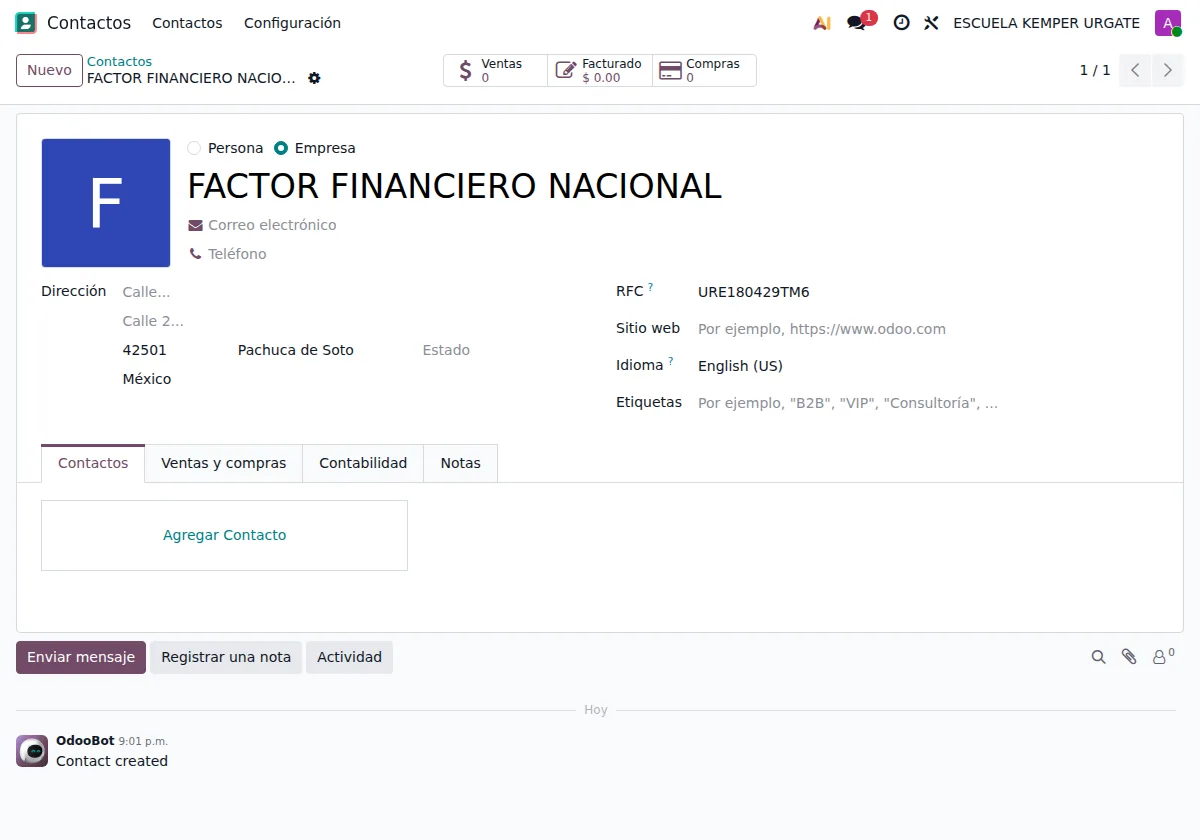 Contacto del factor con RFC, régimen y código postal