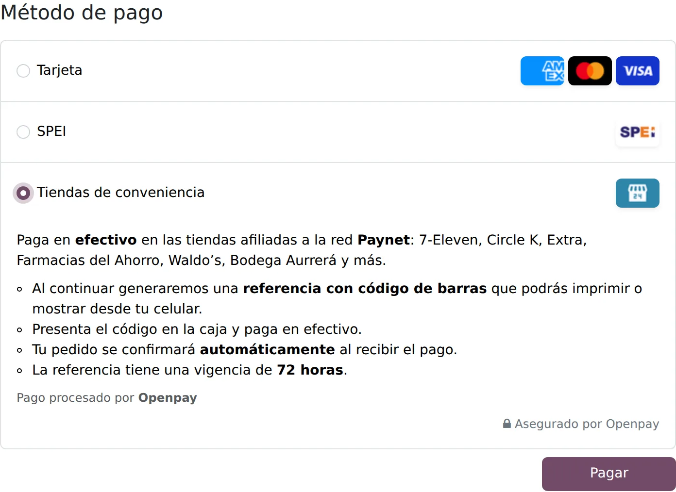 Formulario de pago de Odoo con el método de tiendas de conveniencia seleccionado, mostrando las tiendas de la red Paynet y la vigencia de 72 horas de la referencia
