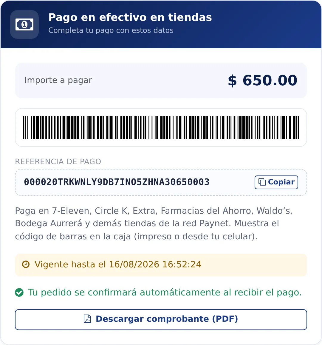 Comprobante de pago en efectivo en la página de estado: importe, código de barras, referencia Paynet, vigencia y botón para descargar el PDF