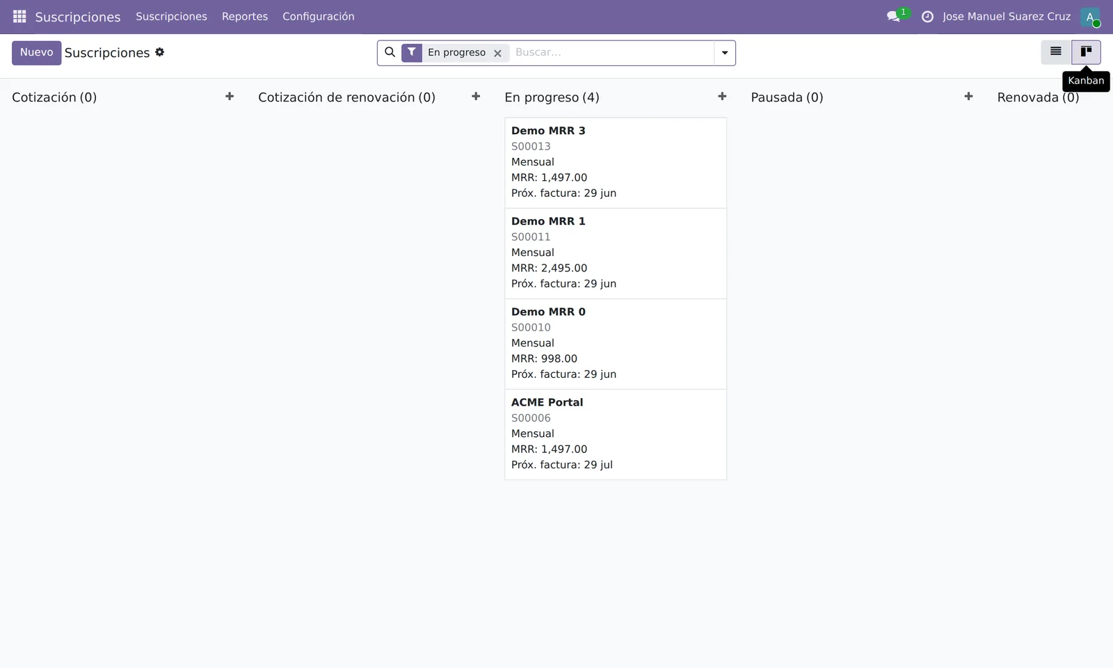 Kanban de suscripciones